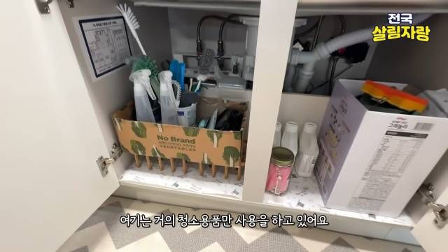 싱크대 문짝 안쪽엔 청소용품만 — 다이소 선반은 바닥에서 살짝 띄우기
